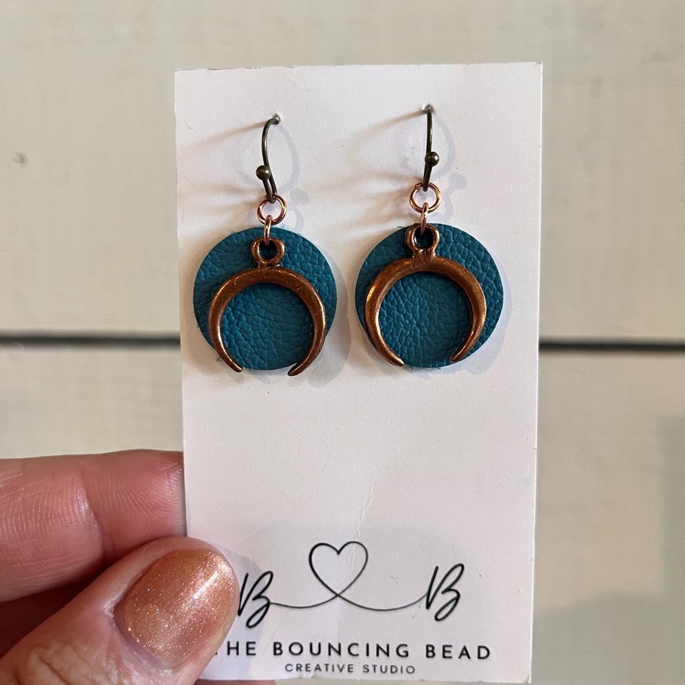 Teal and Copper Crescent Earrings